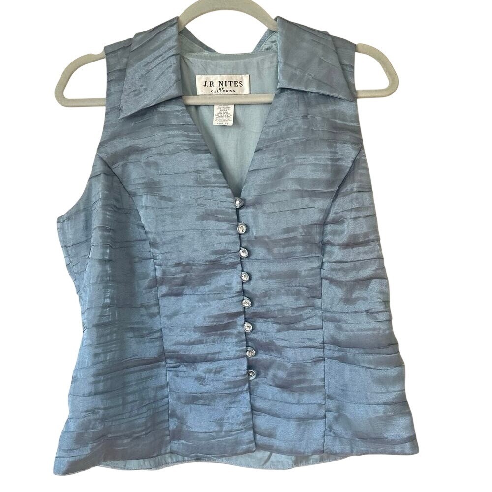 JR Nites by Caliendo Blue Pleated Sleeveless Evening Top Rhinestone Button Sz 12